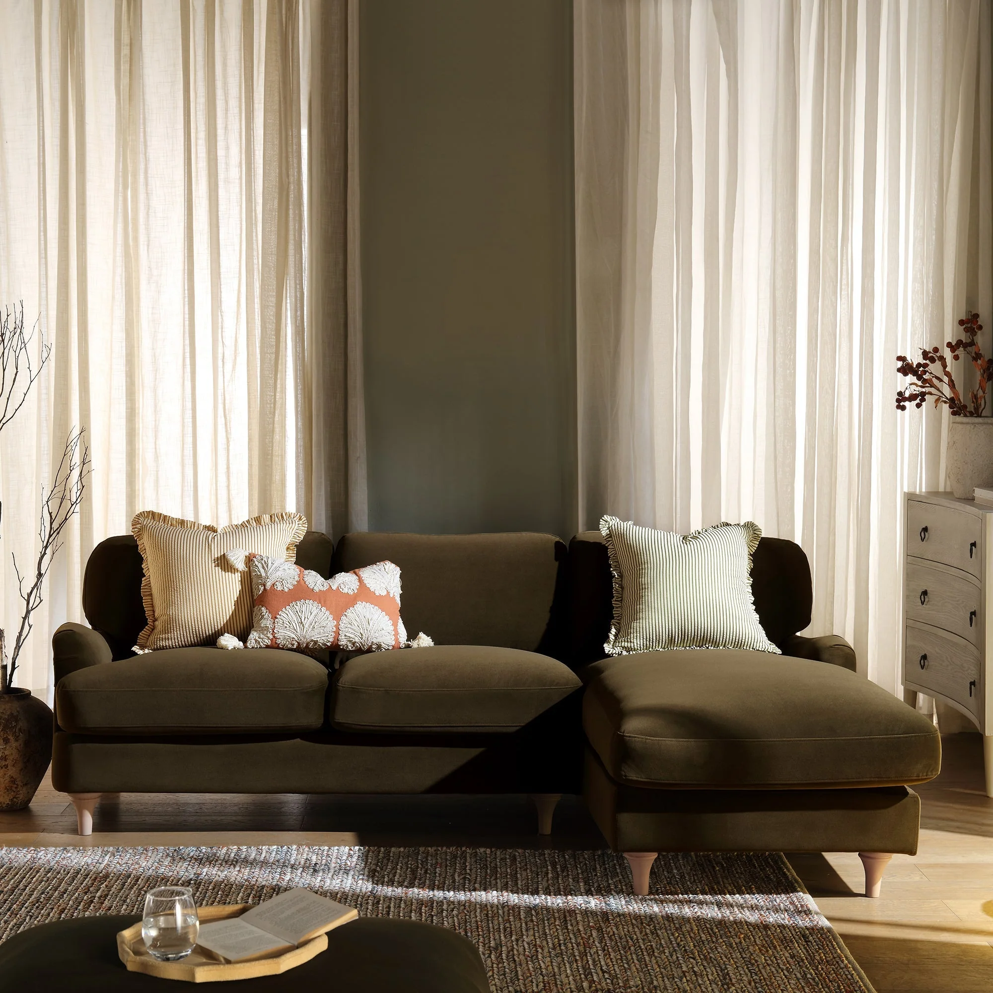 Seaweed Velvet Sofa, Grande Chaise Sofa Right Hand Facing