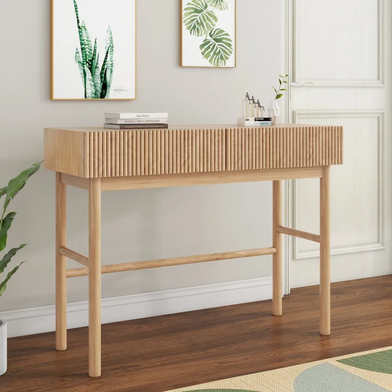Solid Wood Console Table with 2 Drawers - Natural Brown