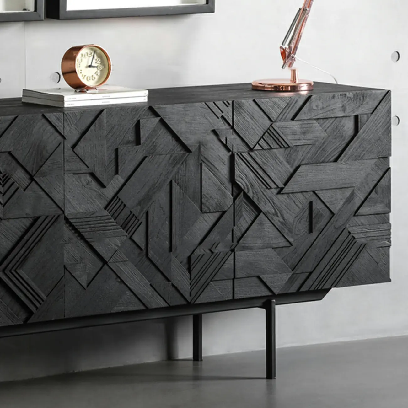 Modern Black Geometric Wooden Buffet Table with Cabinets