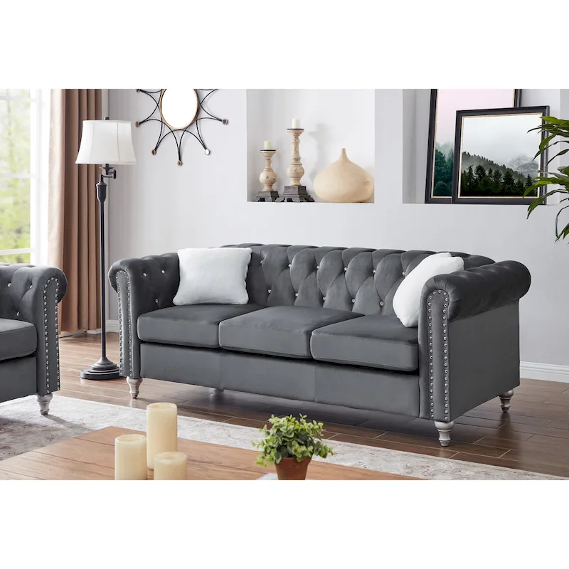 Microsuede Velvet Tufted Sofa with Nailhead Trim & Jewel Tufting