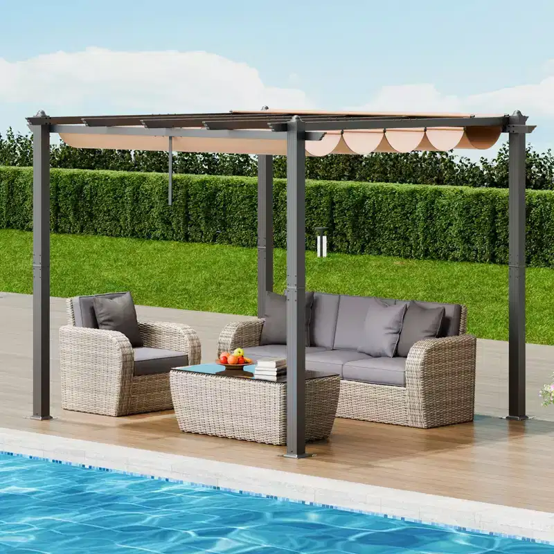 10 X10 Outdoor Retractable Pergola with Sun Shade Canopy Aluminum Beige Heavy Duty
