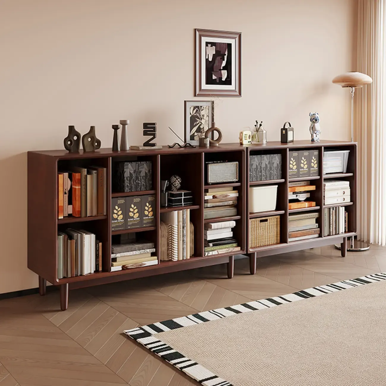 Mid Century Brown Closed Back Horizonal Wooden Bookcase