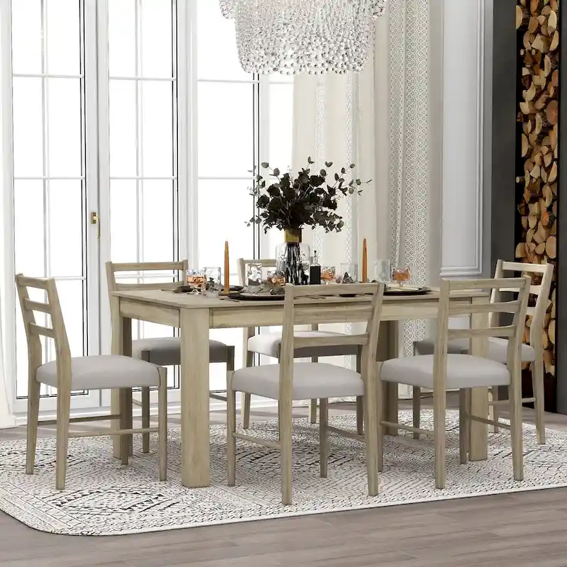 7-Piece Wooden Extendable Dining Table Set with 12Leaf and 2 Drawers, 6 Chairs