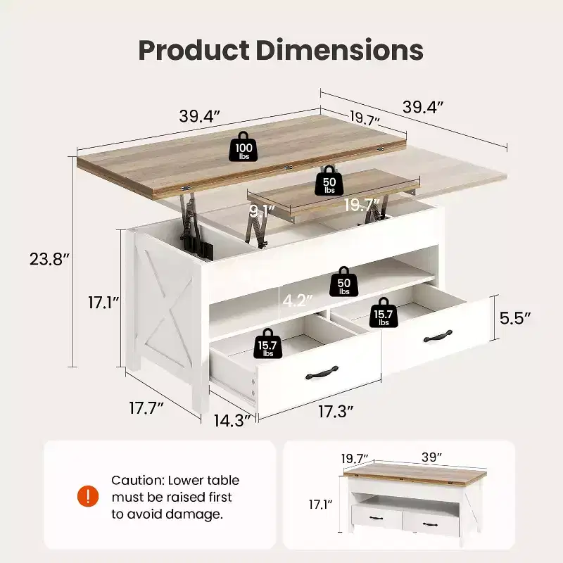 Lift up coffee table with storage space, farmhouse style coffee table, coffee table with two drawers, living room and home office coffee table