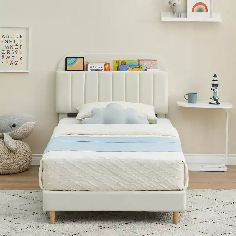 Children's bed, upholstered single bed frame with storage headboard and slatted frame, velvet upholstered, suitable for beds for boys and girls