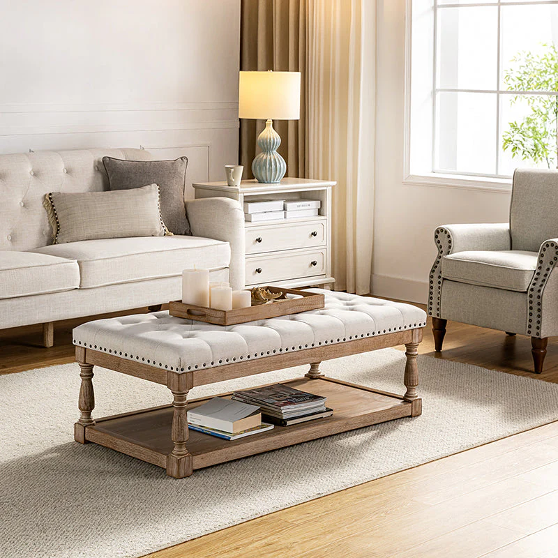 Button-Tufted Nailhead Trim Rectangular Ottoman with Spindle Solid Wood Legs | Ivory / Blue / Grey / Linen | Single