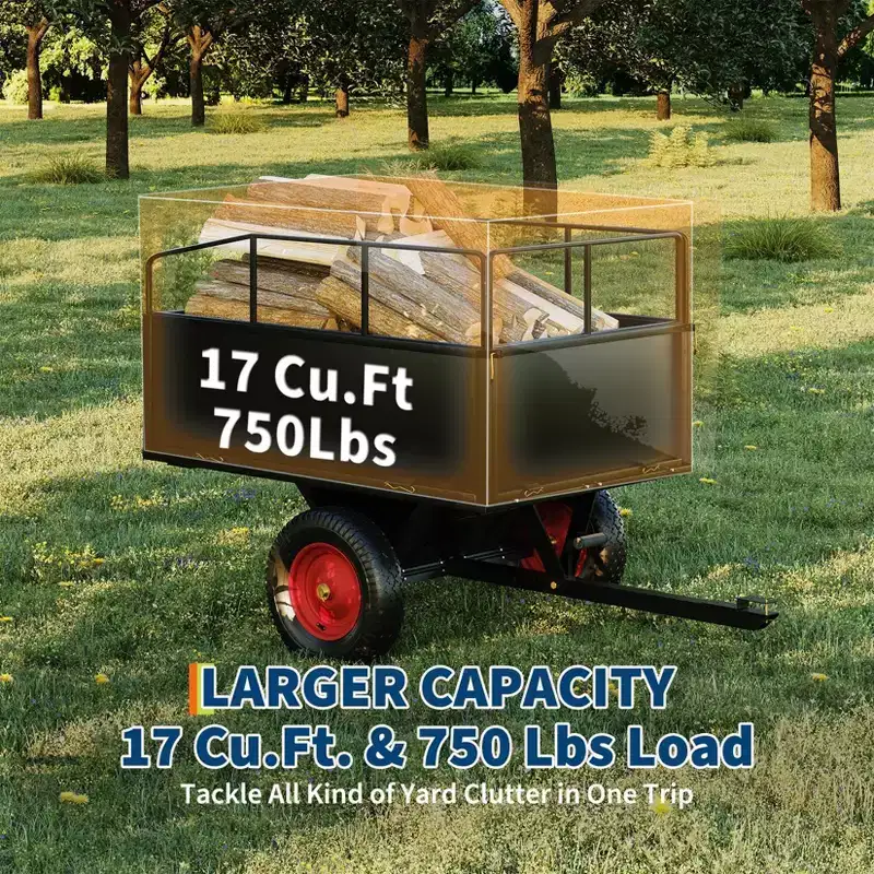 Dump Cart, Utility Trailer  ATV UTV Tow Behind Dump Cart, 1600 lbs Capacity 22 Cubic Feet Heavy Duty Yard Garden Trailer with Removable Sides