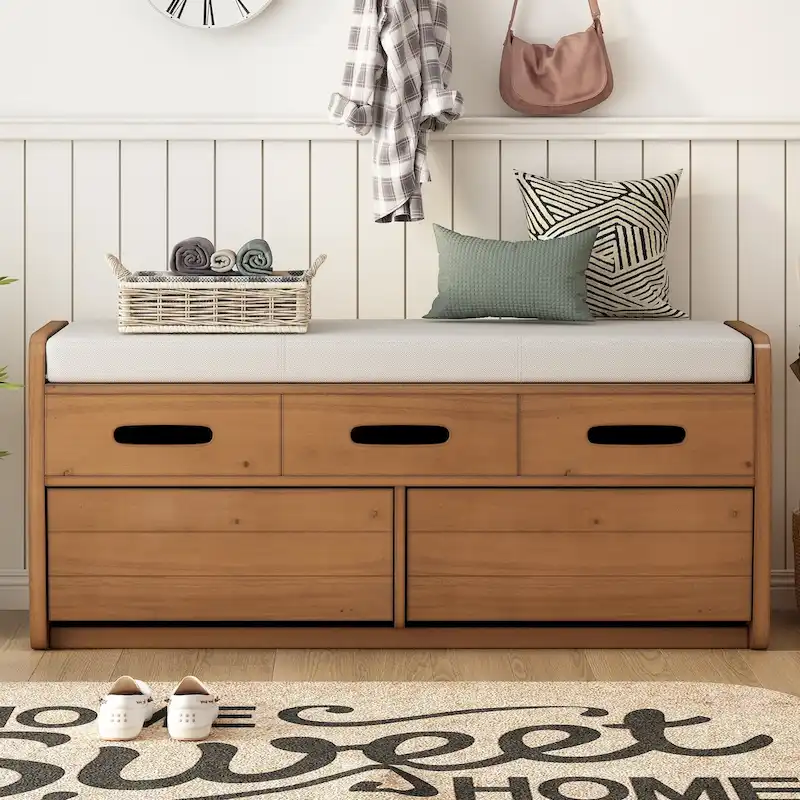 Rustic Storage Bench with 2 Drawers, Hidden Storage Space, and 3 False Drawers at the Top, Shoe Bench for Living Room, Entryway