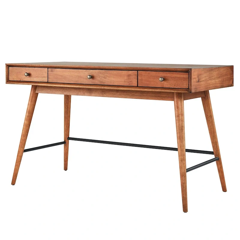 Mid-Century Modern 3-Drawer Writing Desk – Brown / Dark Walnut, Tapered Legs, Single User