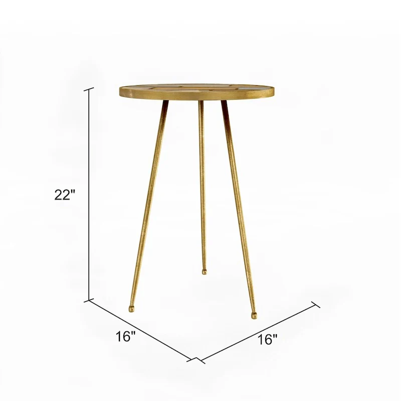 Gold Wood & Metal Round Accent Side Table with Inlaid Multi-Tone Wood Plank Top