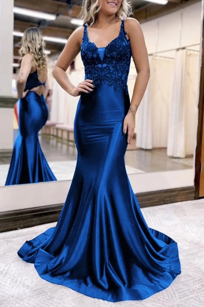 Mermaid Deep V Neck Satin Long Prom Dress with Appliques