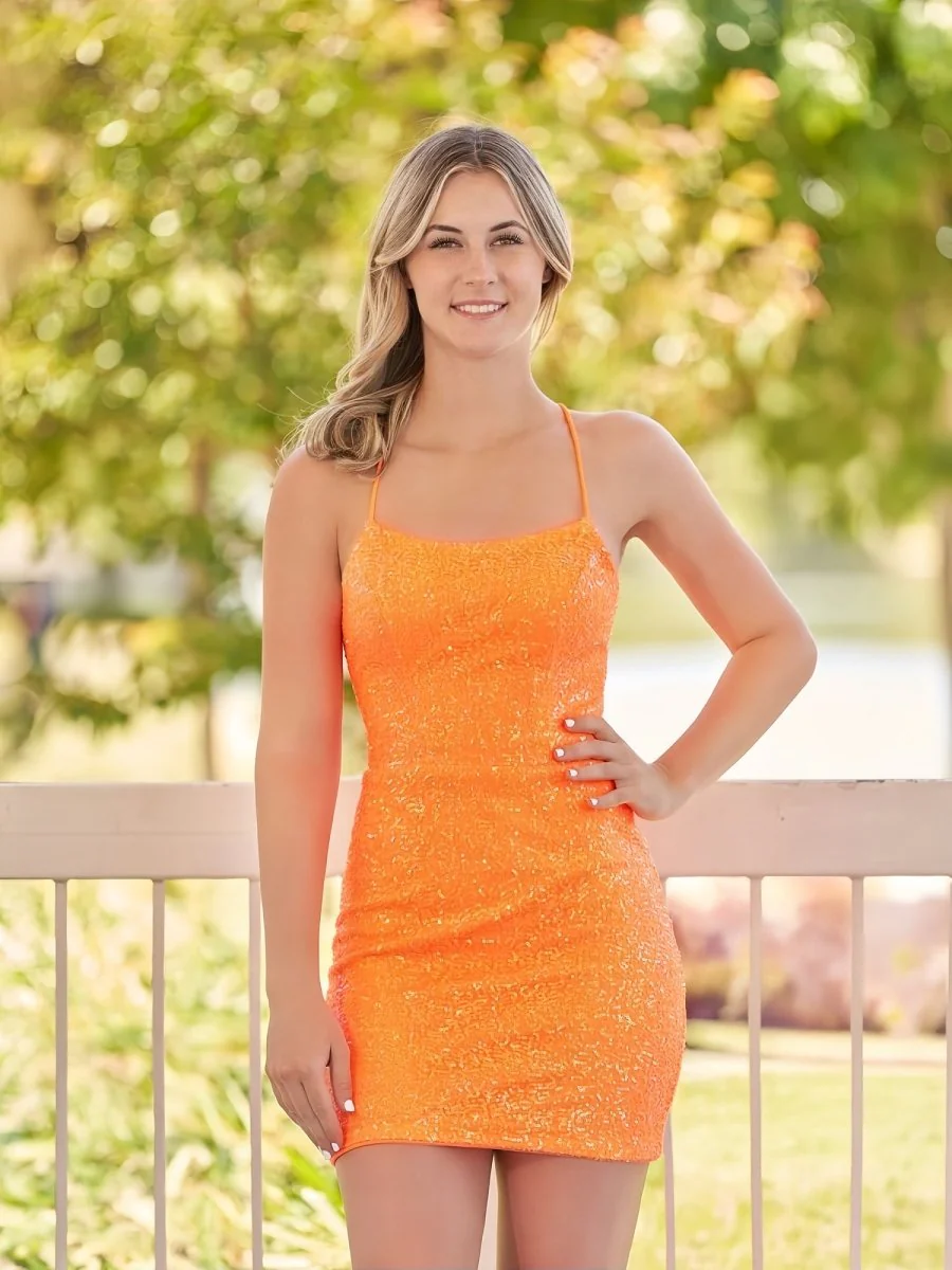 Bodycon Short Orange Scoop Neck Sequins Mini Party Dresses