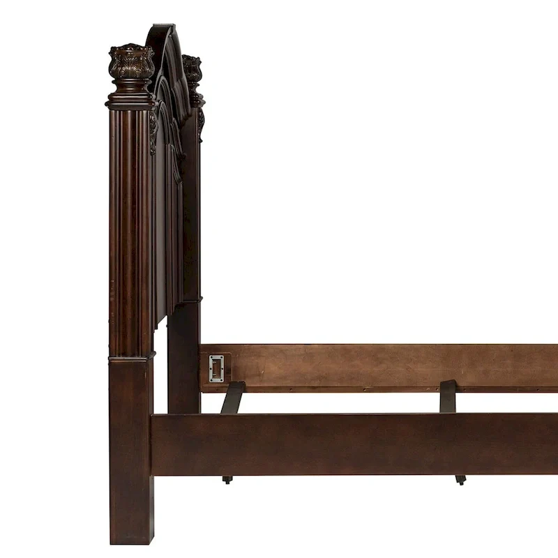 King Poster Headboard Dark Brown Cognac Finish Acanthus Leaf Carving Scrolled Metal Accent Poplar Rubberwood Birch 83.75
