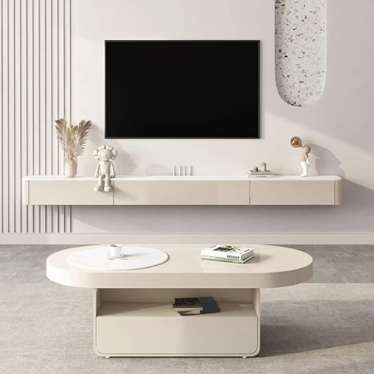 71 Off-White Long Floating Wood Cable Management TV Stand