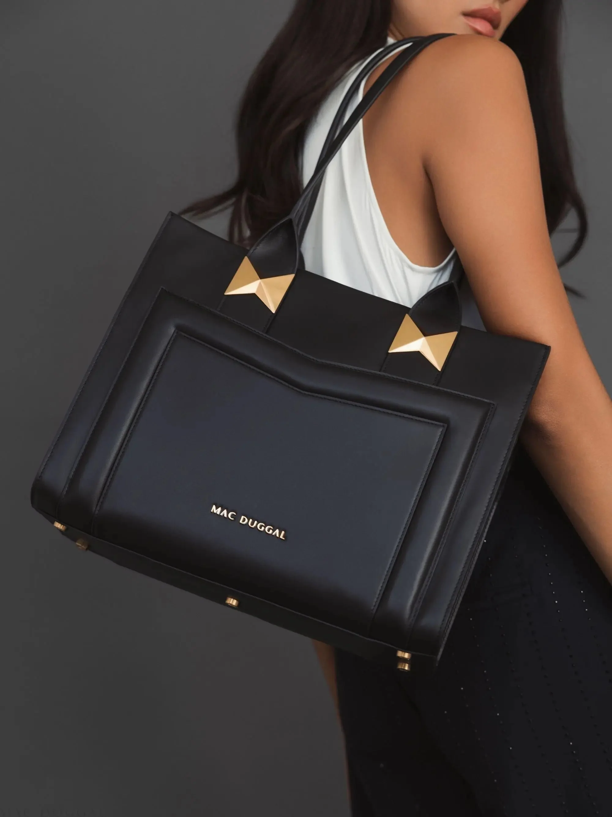 Black Large Leather Tote Bag With Gold Hardware