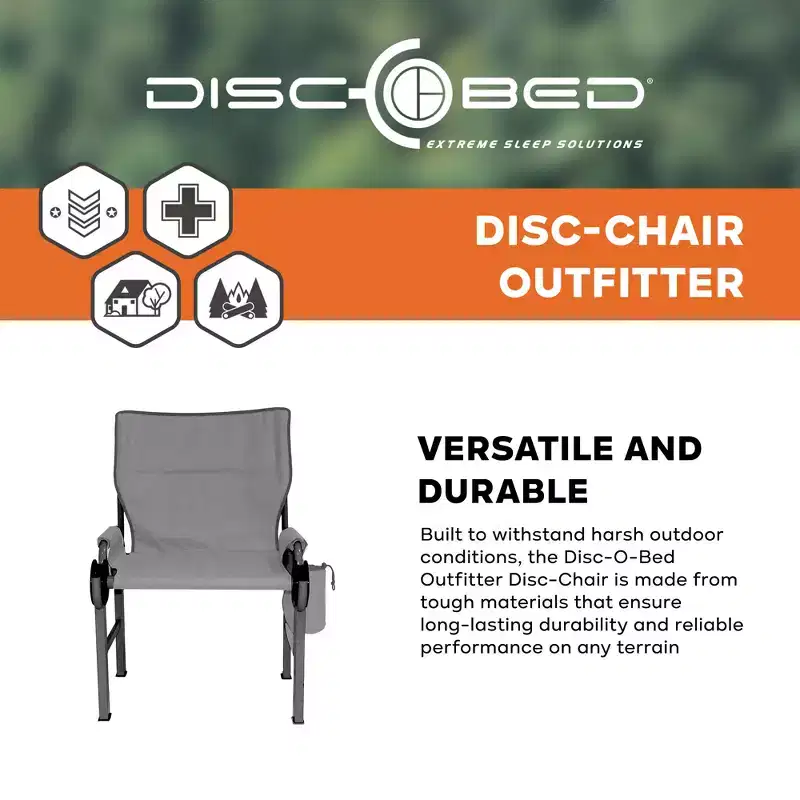 Disc-O-Bed Outfitter Disc-Chair with Zippered Mesh Compartments and Cup Holder for Outdoor Sports and Camping, Included Carry Bag, Grey
