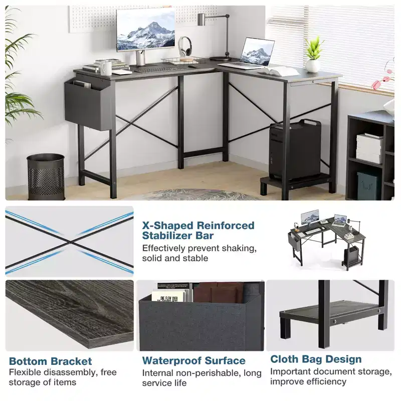 L-Shaped Computer Desk with CPU Storage Shelf and Side Bag 50 Inch Corner Gaming Office Writing Table with Metal Frame-50.00x 43.30 x 29.50(grey)
