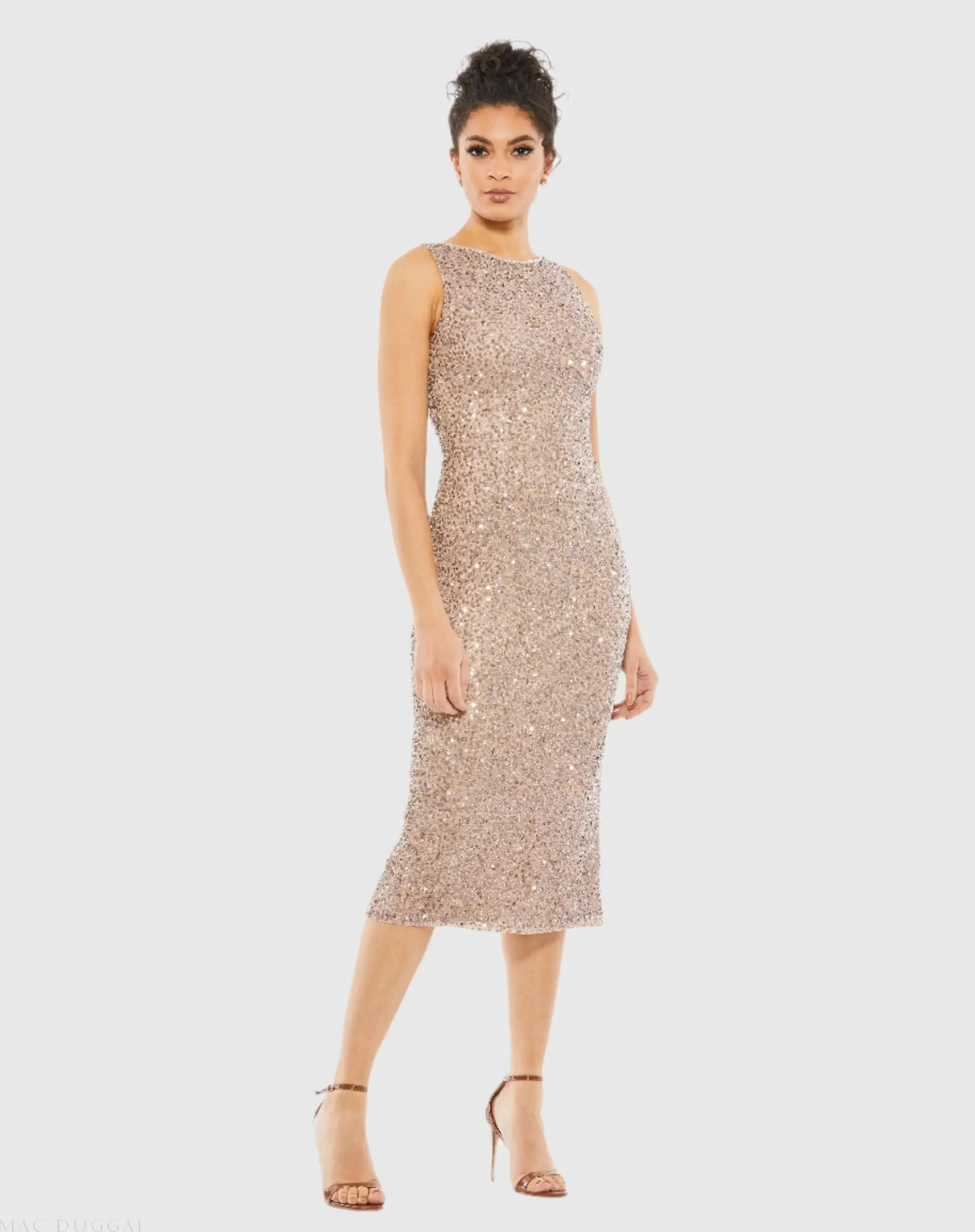Beige Sleeveless Sequined Midi Sheath Dress - FINAL SALE