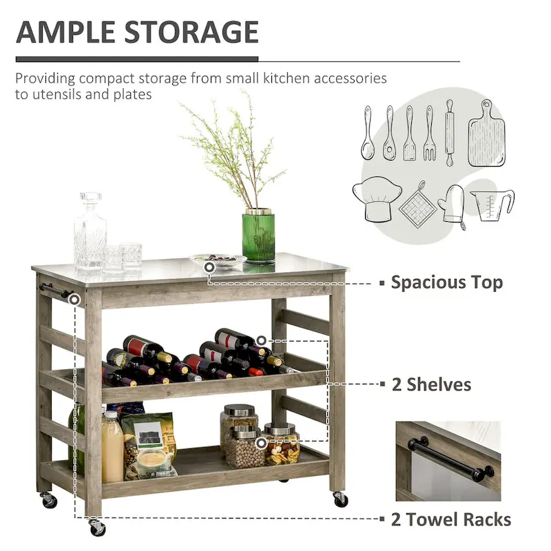 Rolling Kitchen Cart with Stainless Steel Countertop