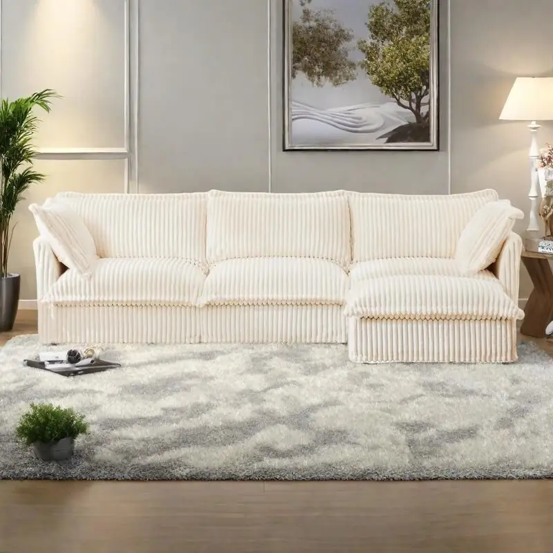 120 Corduroy L-Shaped 3-Seater Sectional with Convertible Ottoman, Removable Slipcover and Cloud-Like Cushions