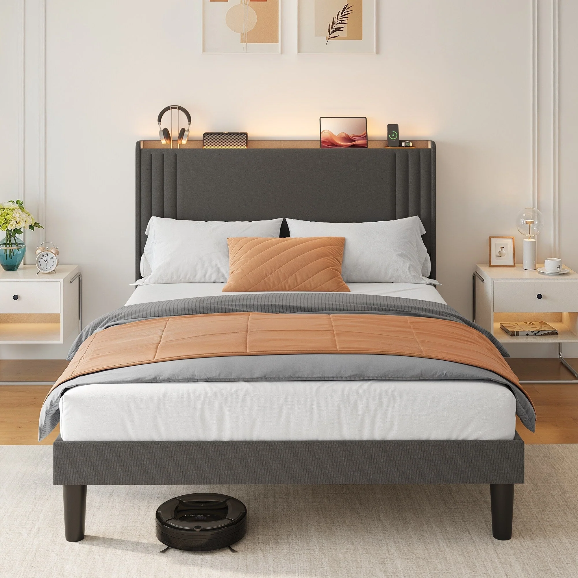 Queen/ Full Vertical Channels Upholstered Bed with Wingback Headboard