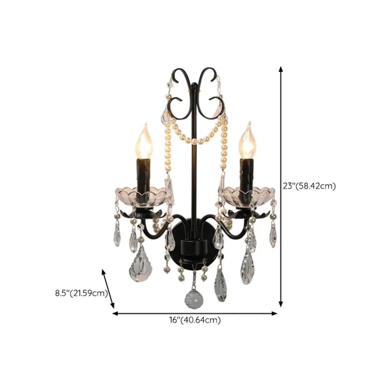 Black Modern 2-Light Candelabra Wall Sconce with Crystal