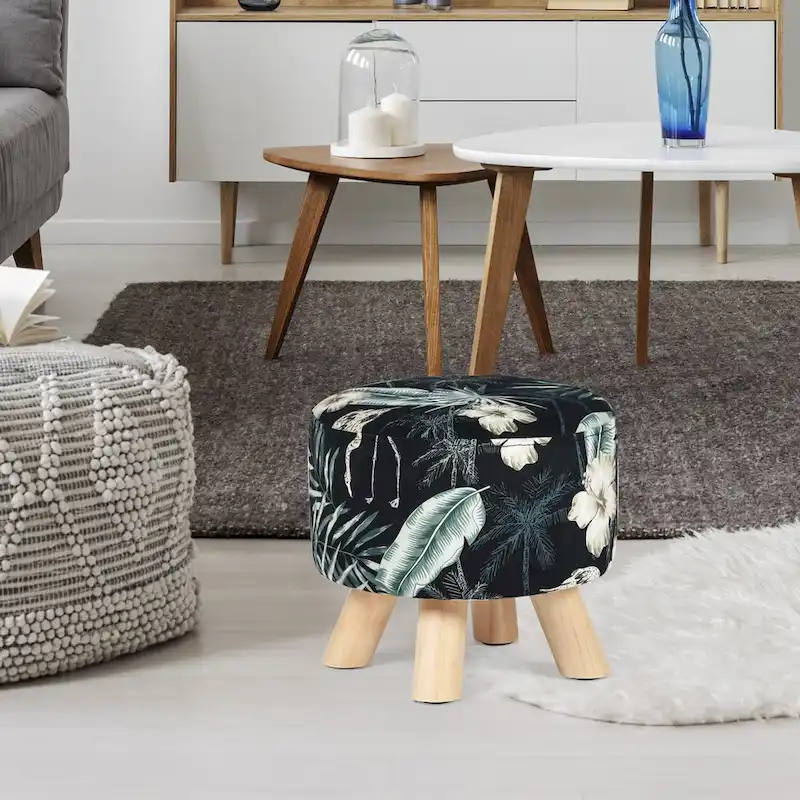 Adeco Modern Round Ottoman Foot Rest Footstool Velvet Fabric Padded