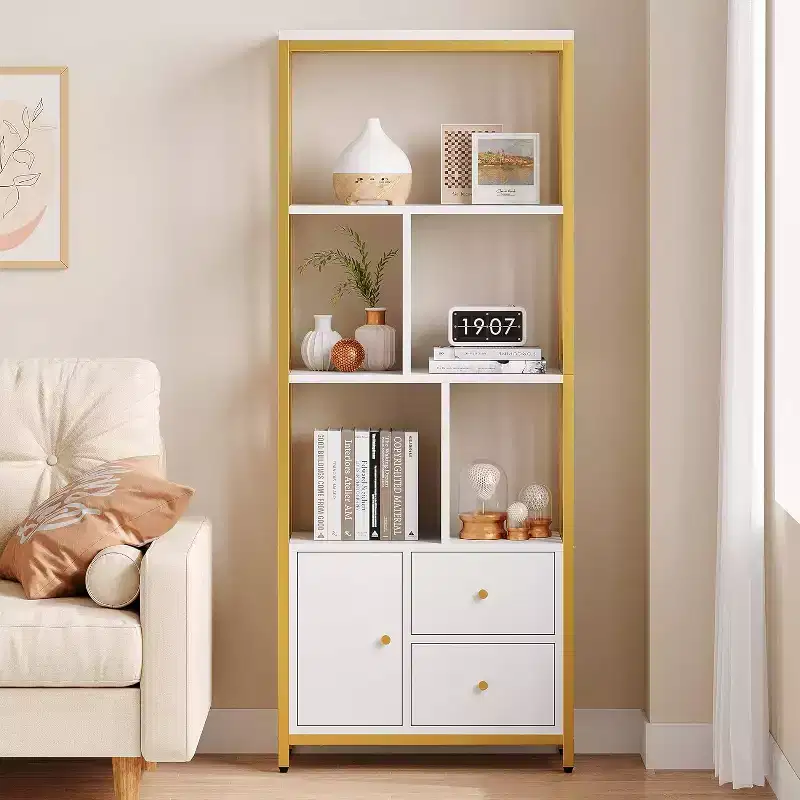 62 Gold Bookshelf w/ 3 Drawers & Door, 4-Tier White Gold Bookcase with Metal Frame, Floor Standing Display Storage Cabinet for Office Living Room