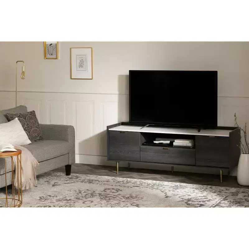 South Shore Hype TV Stand for TVs up to 75" Gray Oak/Faux Carrara Marble: Laminated Particle Board, Storage Shelves