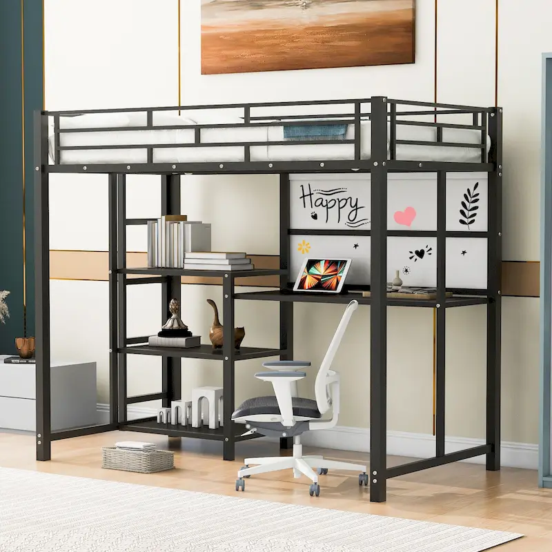 Metal Loft Bed with Desk, Whiteboard, Shelves, and Ladder