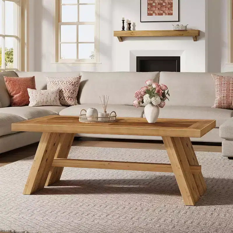 Lantine Solid Wood Coffee Table, 47-Inch Farmhouse Rectangle Center Table with Geometric Wood Grain Pattern, Brown