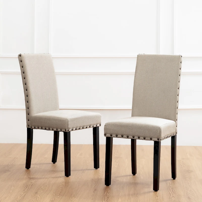 Glitzhome 38H Set of 2 High Back Linen Fabric Studded Dining Chairs with Footpads