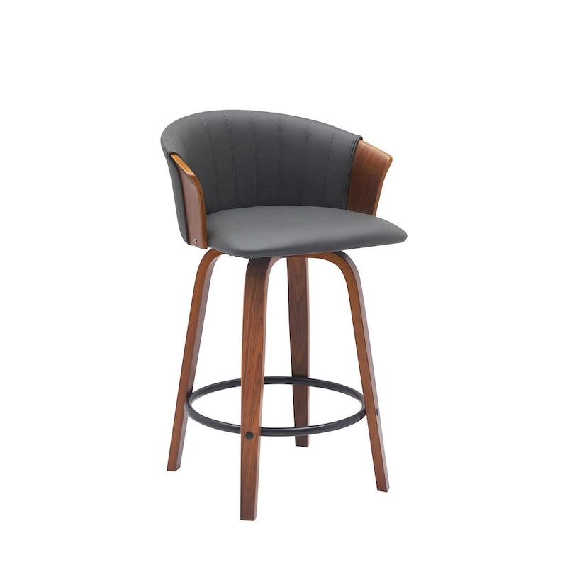 Oja 26 Inch Swivel Counter Stool Chair, Gray Faux Leather, Walnut Brown