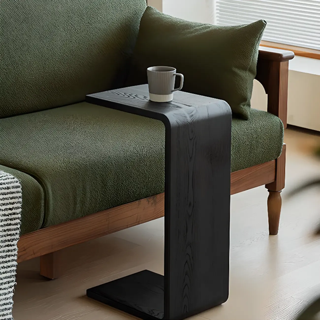 C Shaped Modern Wood Rectangular Side Table For Living Room