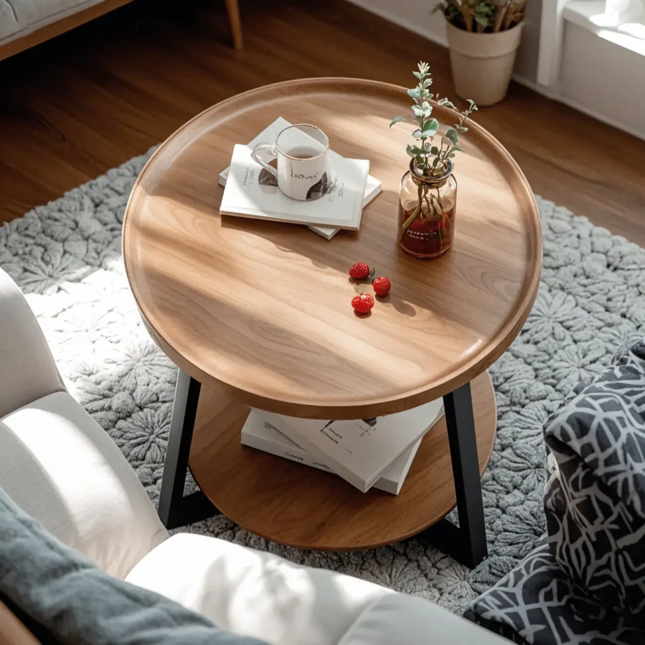 Modern Wooden Top Tray Coffee Table with Cross Legs & Shelf