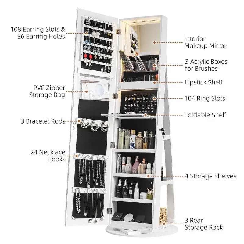 White 360° Rotating Lockable Jewelry Armoire with Full-Length Mirror & LED Light for 1
