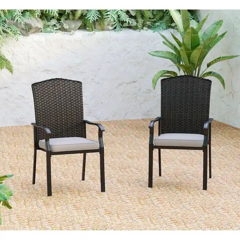 Patio Rattan Wicker Fixed Armrest Dining Chair with CushionSet of 2/4/6