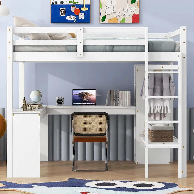 White Twin Solid Wood Loft Bed with L-Shaped Desk, Wardrobe & Shelves | Pine & MDF
