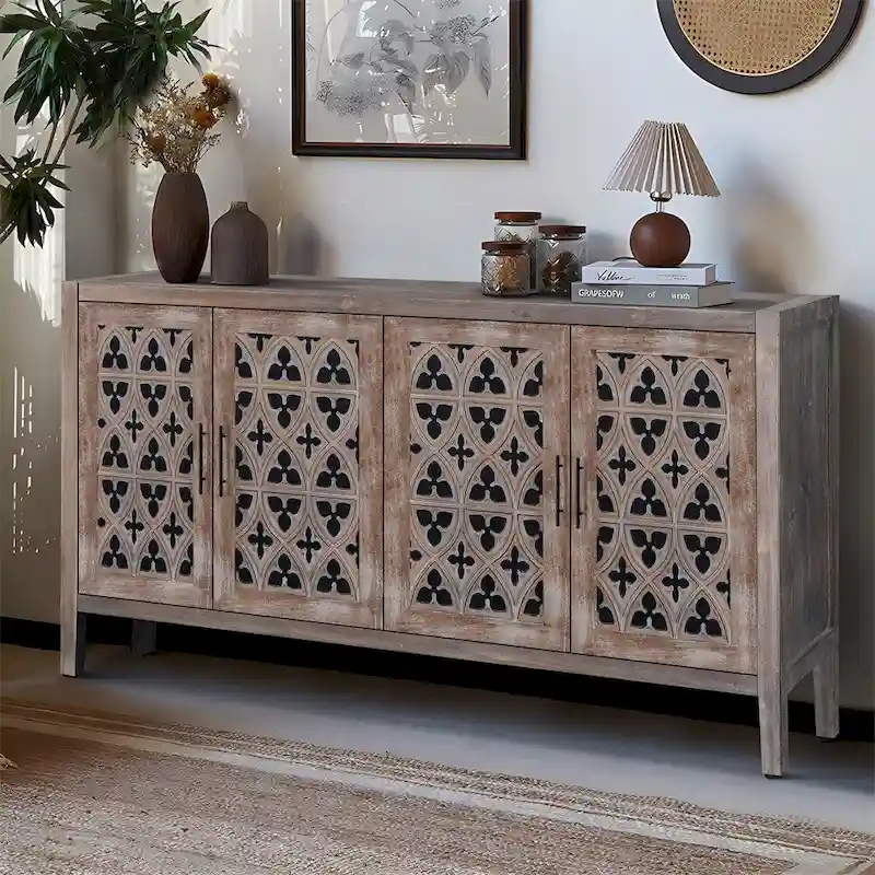 Hollow Four Door Storage Cabinet - Country Style Antique Pine Veneer MDF Sideboard with Adjustable Shelves