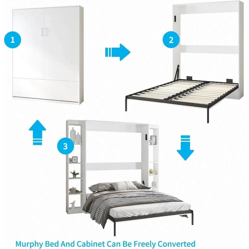 Grey / White Murphy Wall Bed with Optional Side Cabinet, Queen, 1-Person