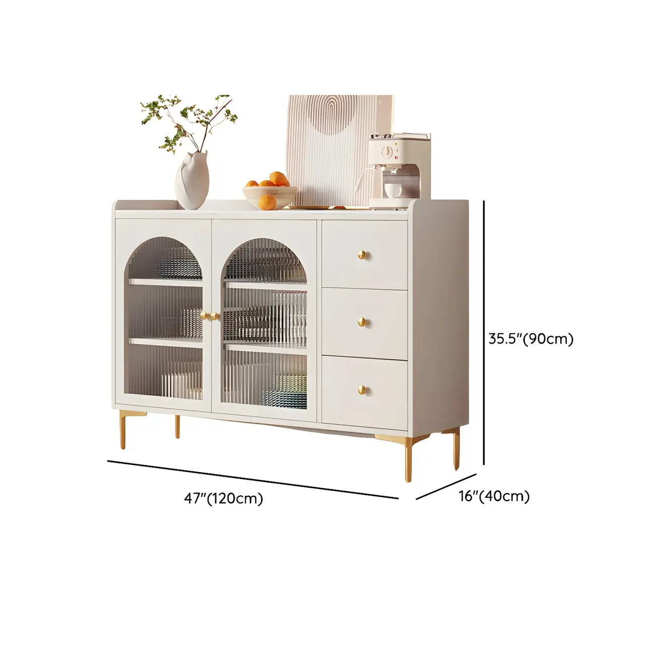 Glam White Wooden Buffet Table with Drawers & Shelves