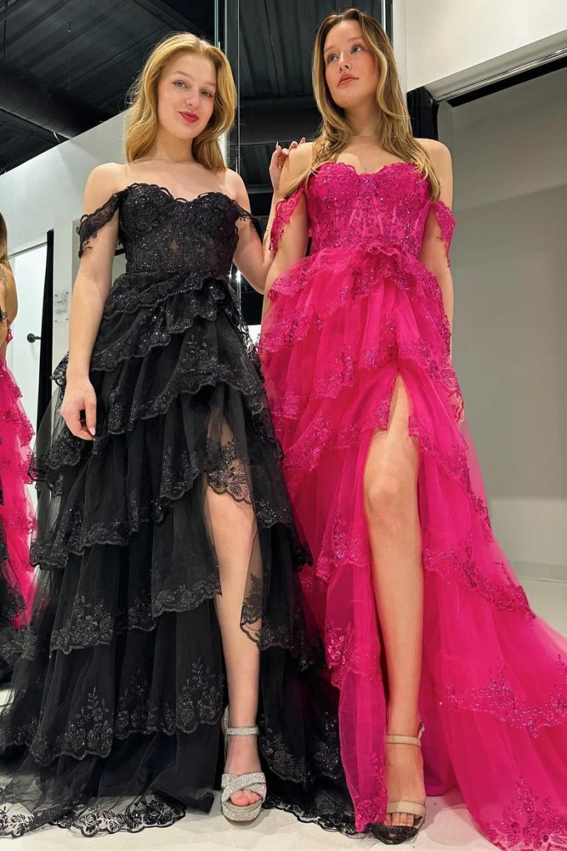 Periwinkle Tulle Appliques Off-the-Shoulder Ruffle Long Prom Dress