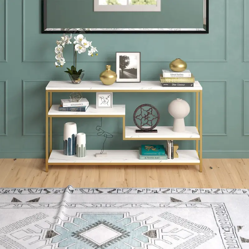 55 Wide Rectangular Console Table with Faux Marble Top