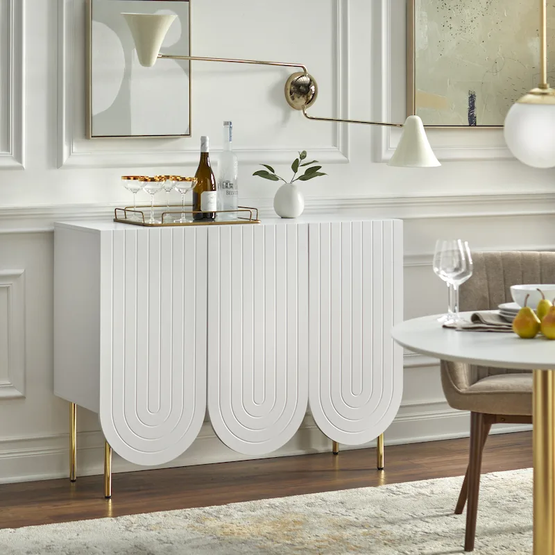 White / Pink / Indigo 3-Door Scalloped Mid-Century Sideboard, 2-Person Assembly