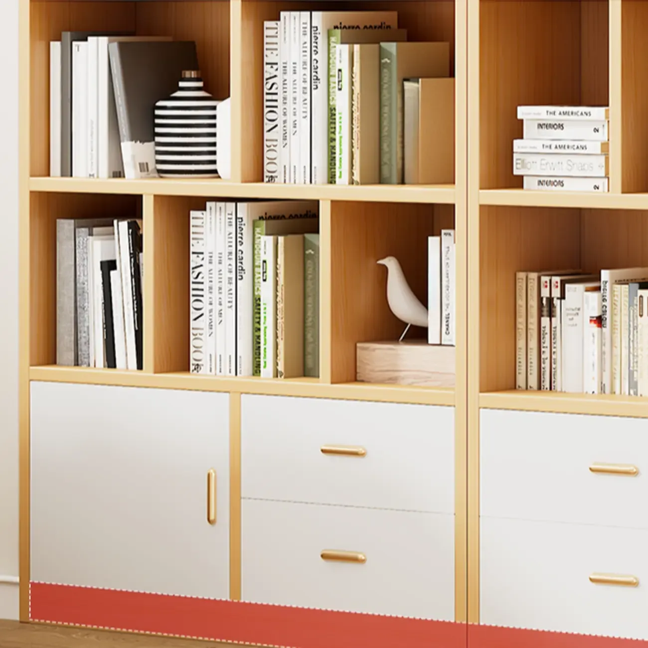 Natural Finish Narrow 6 Shelves Wooden Bookcase with Drawer