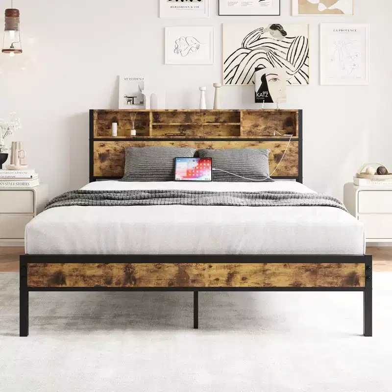 Okak Queen Size Bed Frame with Storage Headboard, Metal Platform Bed with Charging Station, Bookcase Storage for Bedroom, Living Room, Black