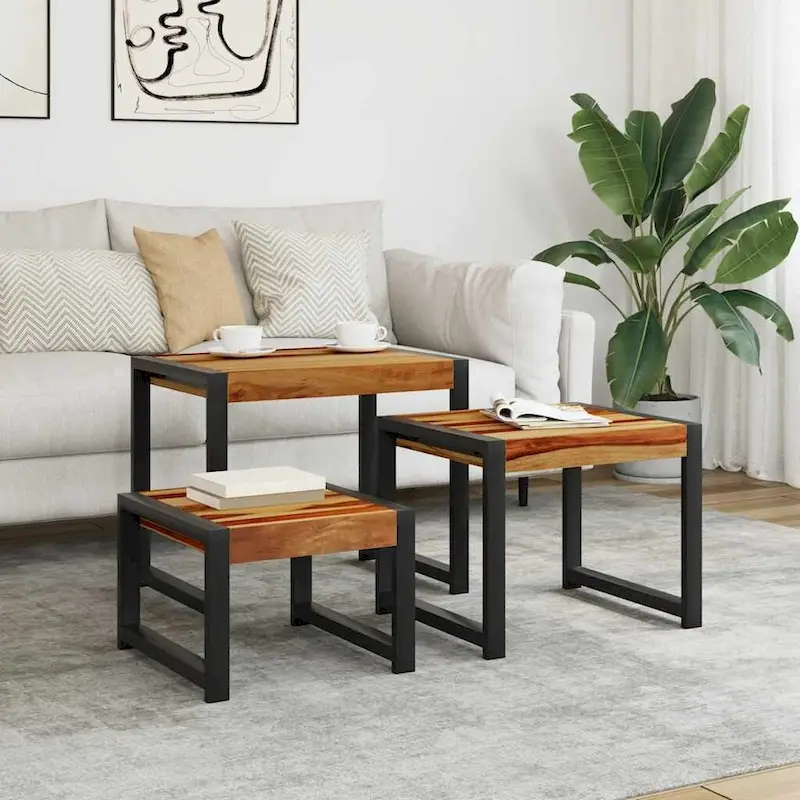 Nesting Tables Set of 3, Sheesham Wood, Black Steel Frames