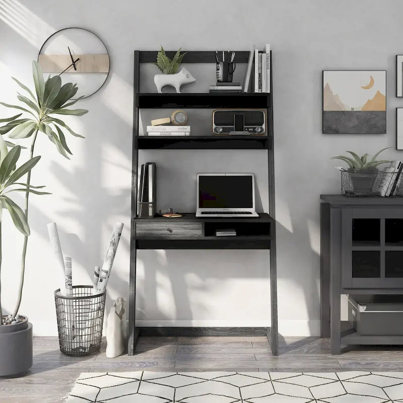 Two-Tone Wall Leaning Desk with Drawer and Shelves