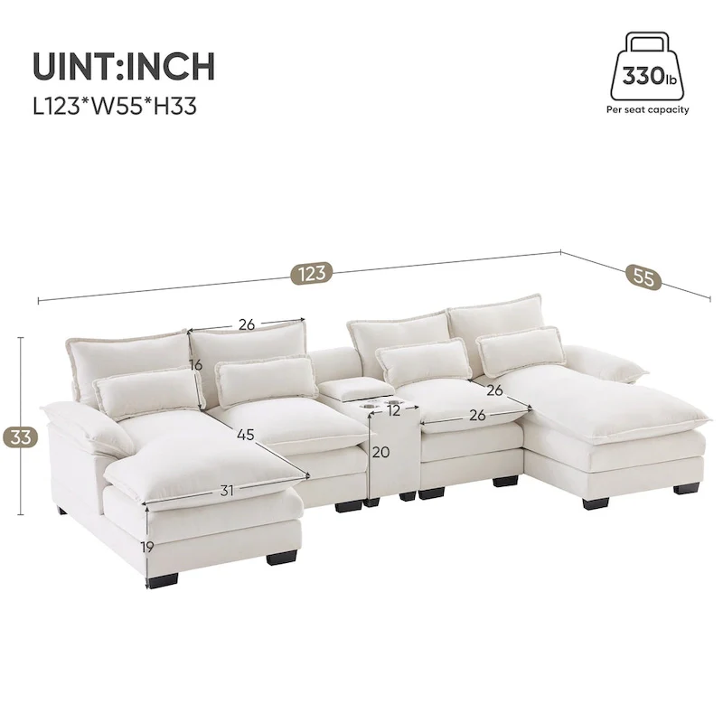 Modern U-shaped Cloud Sectional Couch, Convertible Sleeper Couch