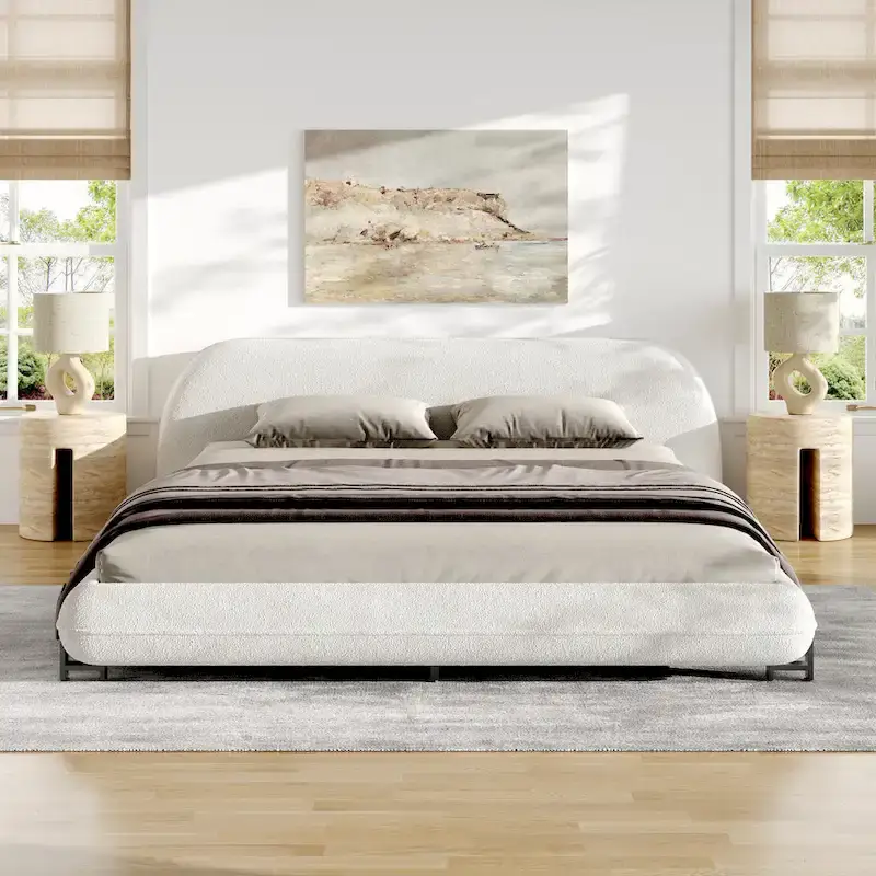 White Boucle Upholstered Bed Frame, Queen, 2-Person